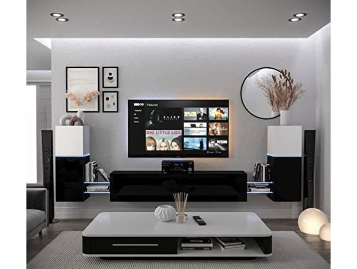 Furnitech Wohnwand Wohnzimmer Hängend Wohnwand Modern Wohnzimmer Schrankwand mit Regale und TV Schrank Wohnzimmer Möbel ohne LED (AN104-21WB-HG4-1A)
