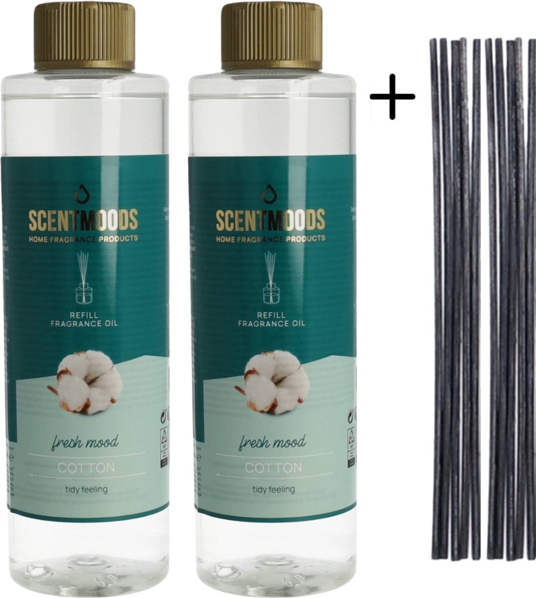 Scentmoods Geurstokjes Navulling Katoen Set van 2 + 12 Geurstokjes - 400ml x 2
