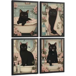 POSTER 4er-Set dekorative Kunstdrucke, schwarze Katze im Badezimmer, niedliches Blumenposter für Toilette, Schlafzimmer, sanfter Schwarzer Rahmen A4