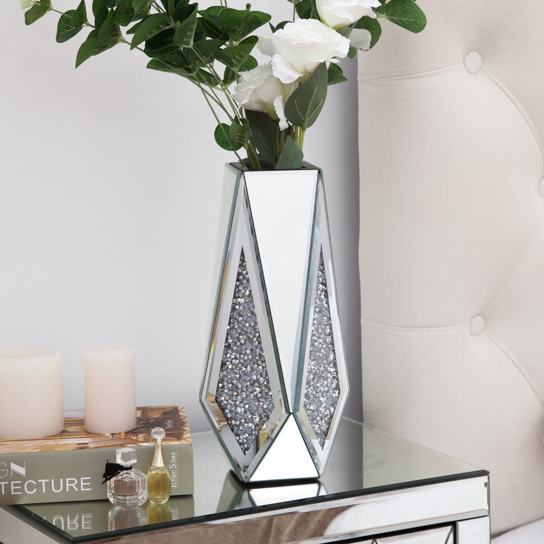 shyfoy Cerrie Glass Vase Mirrored Table Decor Silver 30cm H X 15cm W X 15cm D