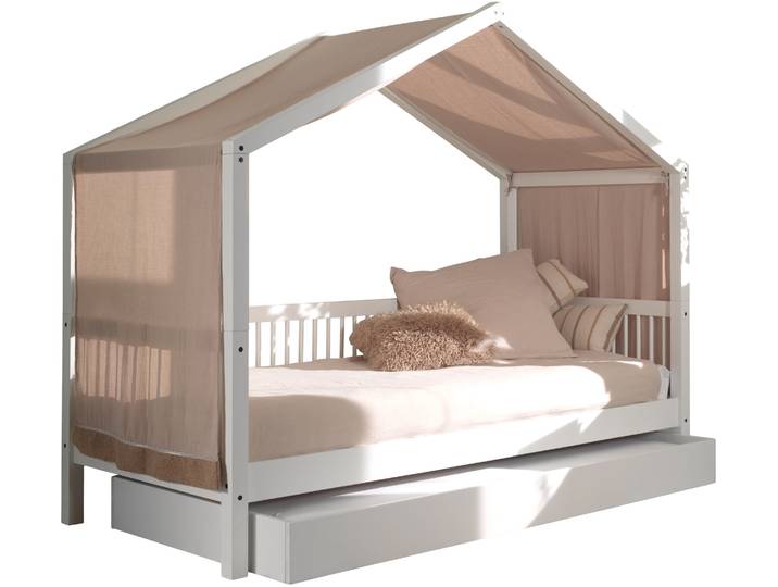 Hausbett VIPACK Forrest mit Dachaufbau, Textilhimmel, später umbaubar zum Einzelbett , weiß (weiß, weiß, weiß), B:97,5cm H:170cm L:207,5cm, Betten, Hausbett, 90/200 Buche massiv weiß lackiert, wahlweise mit o. ohne Bettschublade