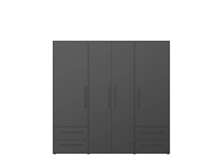 möbelando Drehtürenschrank >MOKKARIS< in modernem Schwarz mit 4 Türen, 4 Schubladen & 7 Fächern - geräumiges Design aus Spanplatte mit Melaminbeschichtung, 205,9x200,1x58,8cm (BxHxT)