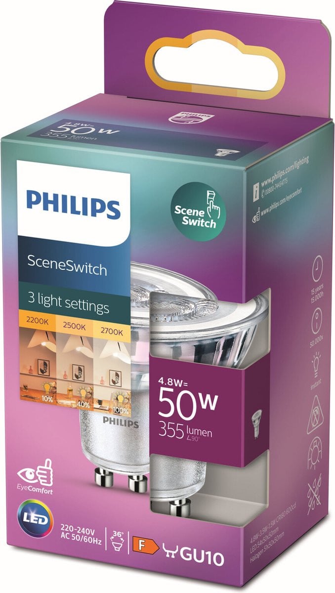 Philips LED Spot SceneSwitch 50 W GU10 warmwit licht