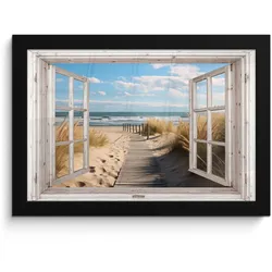POSTER MIT RAHMEN Fenster - Meer - Küste - Natur - Ausblick - Strand - Wattenmeer 30x20 cm