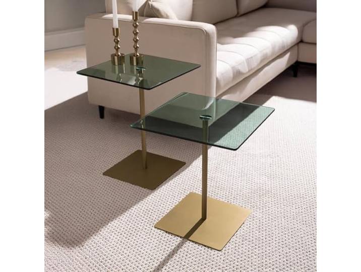 Hanah Home Modernes Couchtisch-Set (2-teilig), Gold & Grün, 40x40x45 & 40x40x50 cm 100% Sicherheitsglas & melaminbeschichtetes Gestell Elegantes Design