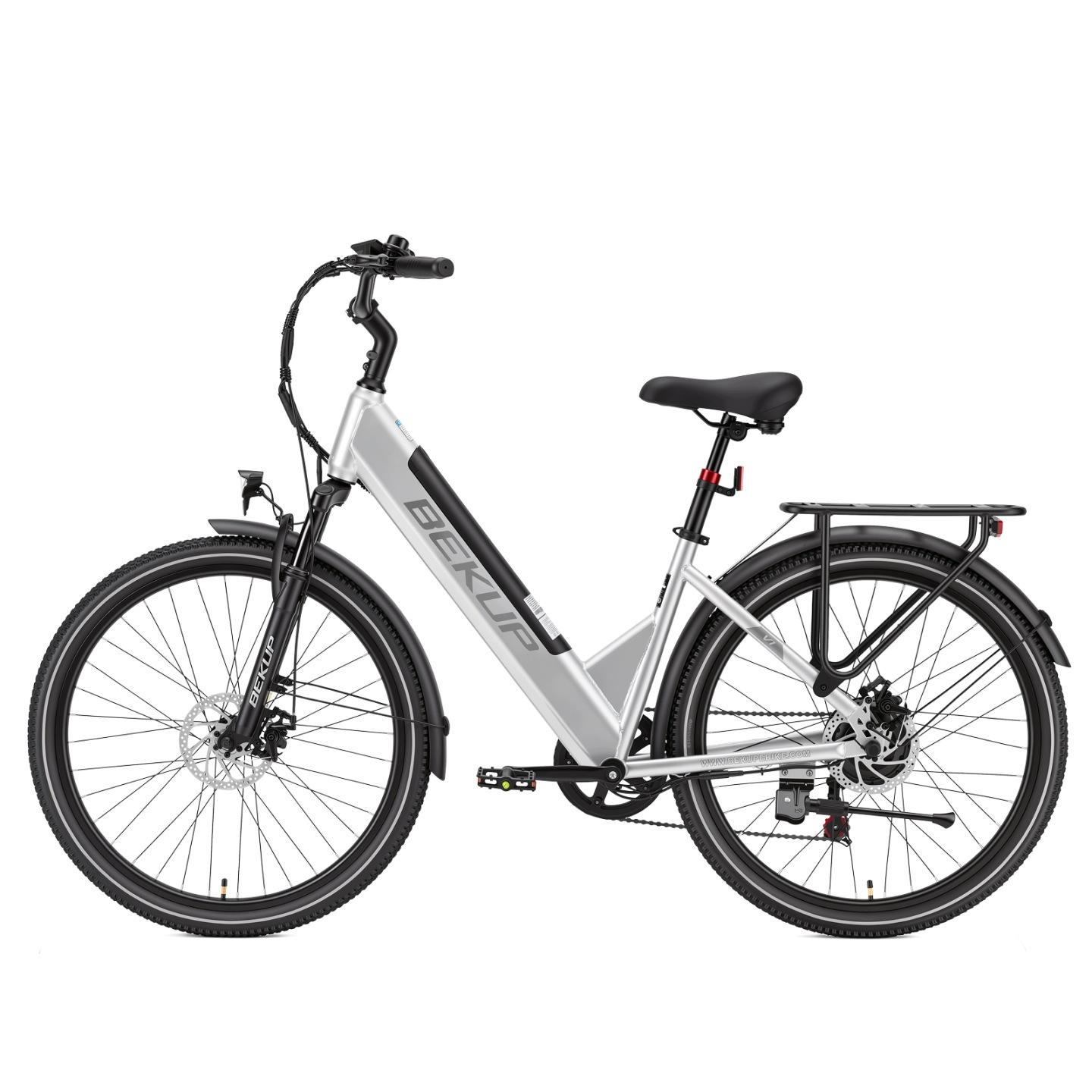 BEKUP V1 26" - E-Bike aus hochwertigem Kohlenstoffstahl, 36V 14,5Ah Akku, 75 km Reichweite 25 km/h, Shimano 7-Gang-Schaltwerk Silber