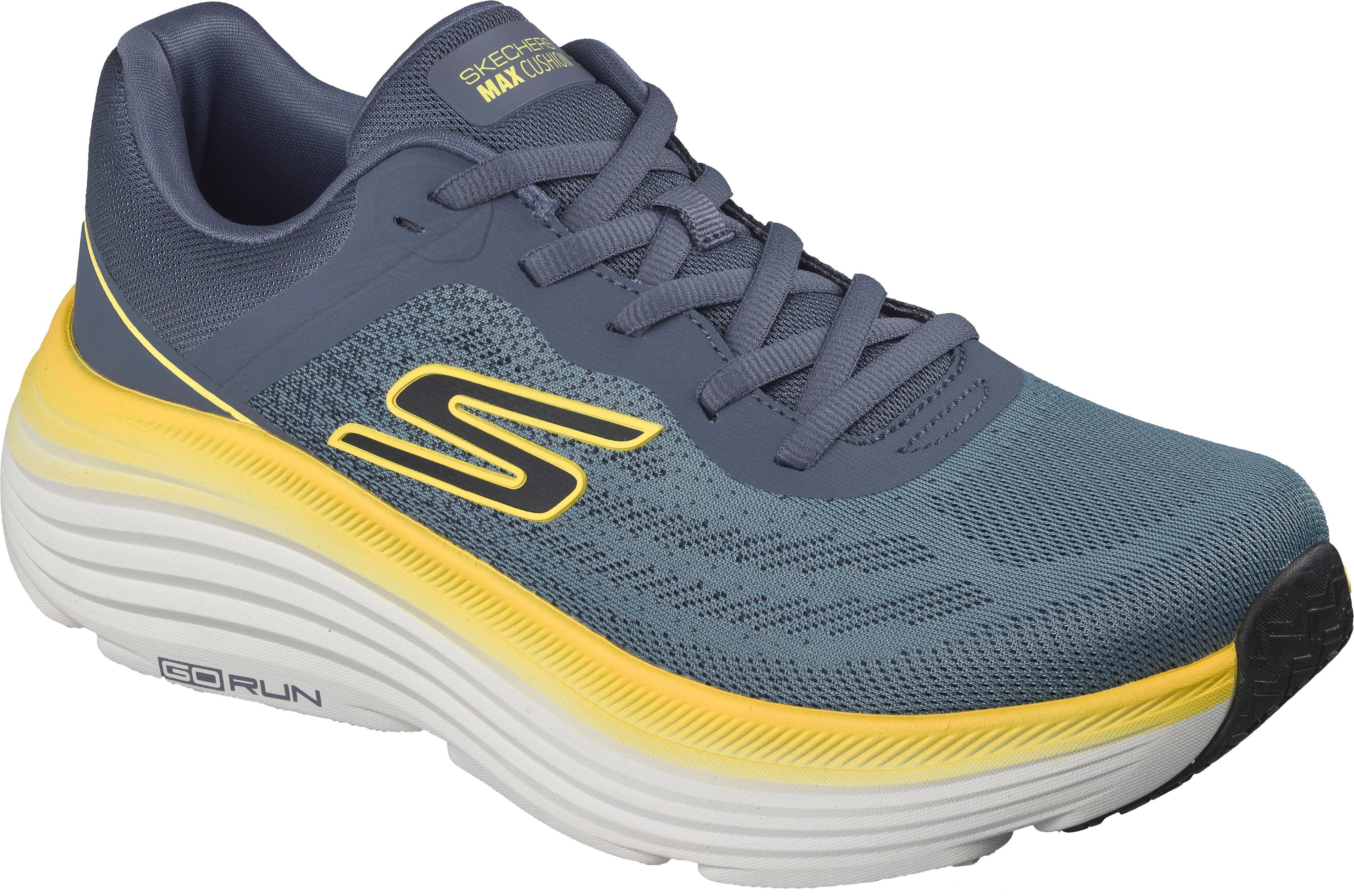 Sneaker SKECHERS "MAX CUSHIONING ENDEAVOUR-", Herren, Gr. 42, Polyester, blau (blaugrau, gelb), Synthetik, Textil, kontrastfarbene Details, Schuhe Sneaker, Laufschuh, Sportschuh mit Max Cushioning