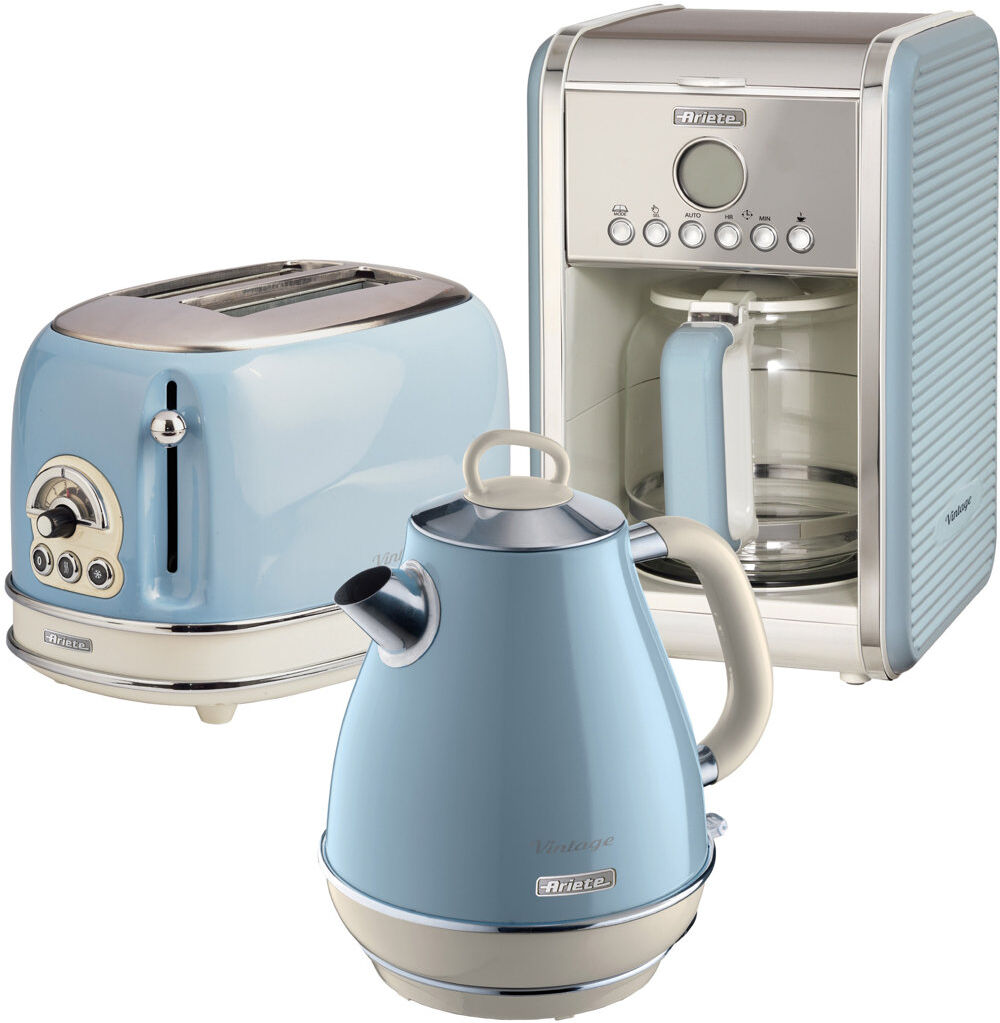 Ariete Vintage 1.7L Stainless Steel Jug Kettle with 2 Slice Toaster and 12 Cup Coffee Machine Set Blue 1.7L