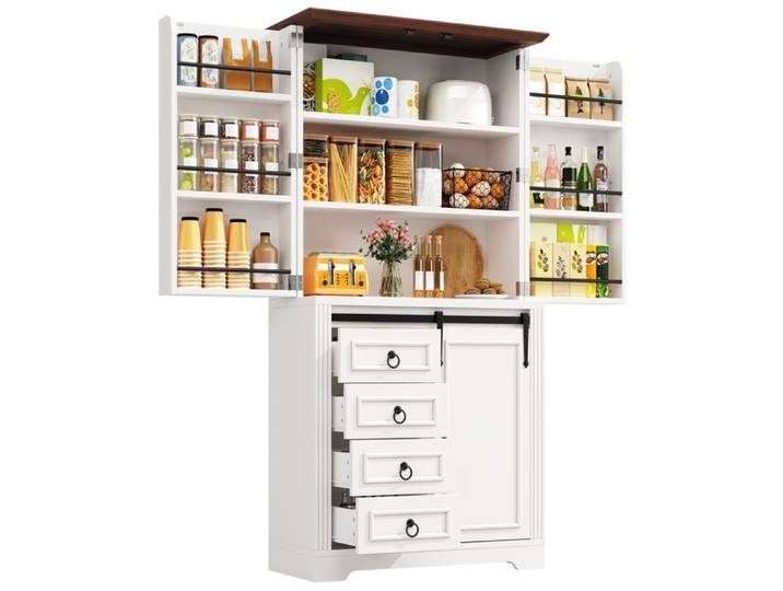 ULEVR Armoire de cuisine haute 80 x 39 8 x 180 cm - 4 tiroirs et étagères réglables fermeture douce blanc MDF