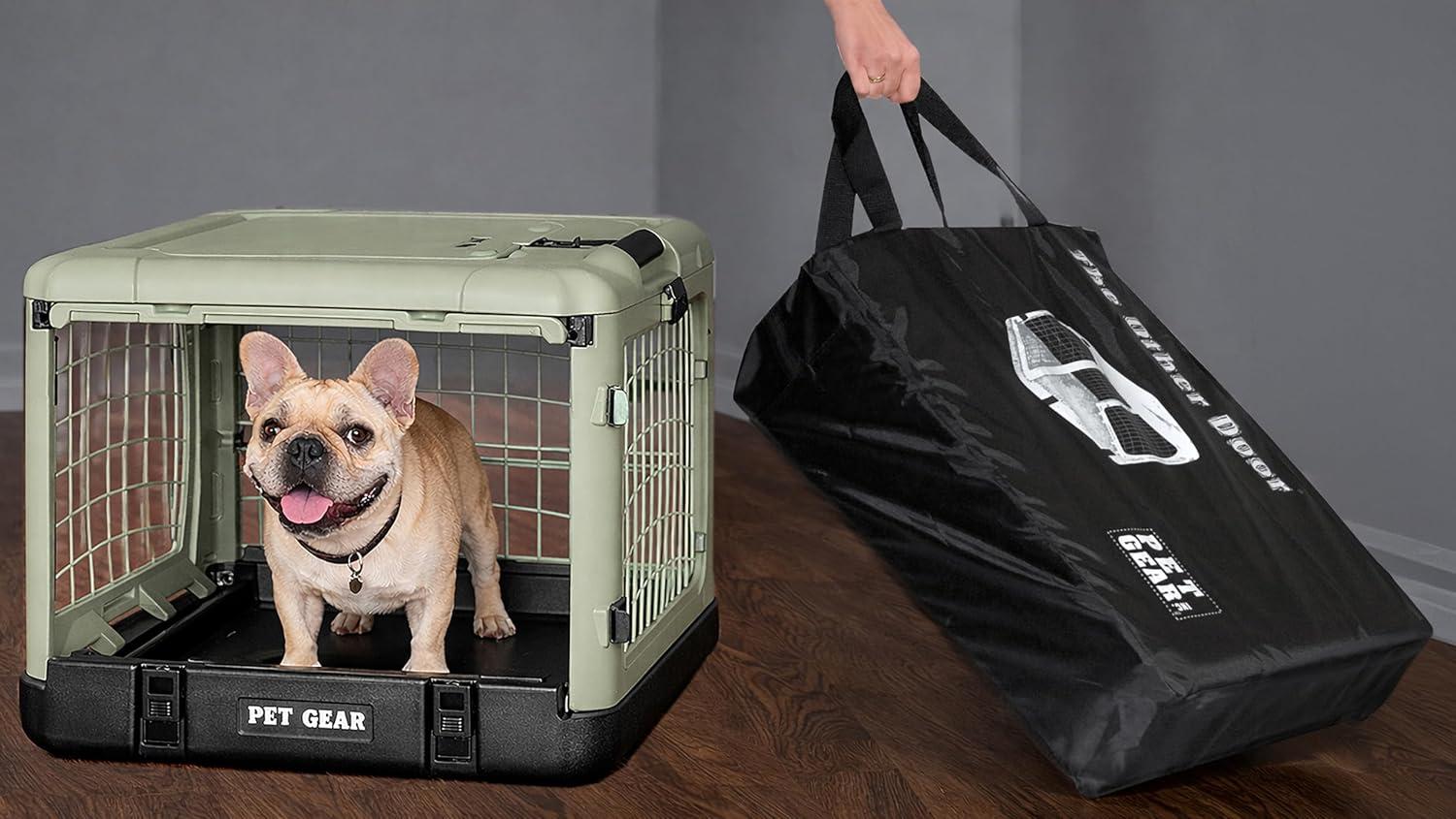 Stahlkiste "Die andere Tür" mit 4 Türen für Hunde und Katzen, mit Tür im Garagenstil, inklusive Plüschbett und Reisetasche, ohne Werkzeug, grünes Kleeblatt, 68.6 cm