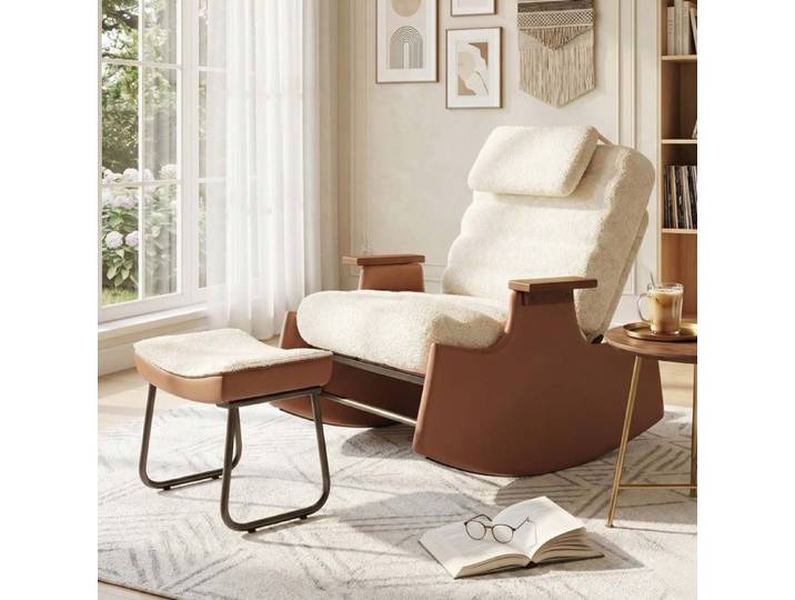 Chaise Bercante avec Pouf Séparé - Tissu Velours Côtelé Beige- Dossier Inclinable 3 Niveaux - Accoudoirs PU Bruns - Style Rétro