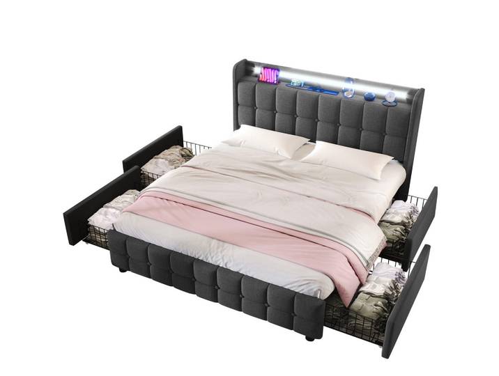 Polsterbett mit USB-Ladefunktion, Kopfteil und LED-Beleuchtung, Grau, 180x200 cm, Schlafzimmer, Betten, Polsterbetten