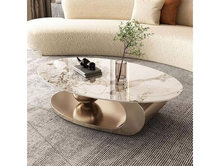 YPDOPORA Mid Century Modern Couchtisch Mit Ovaler Marmorplatte, 2-Stufige Ovale Marmor-Mitteltische, Schlichte Design-Couchtische, Mitteltisch Für Wohnzimmer, Büro, Wohnung,Gold,130 * 70cm