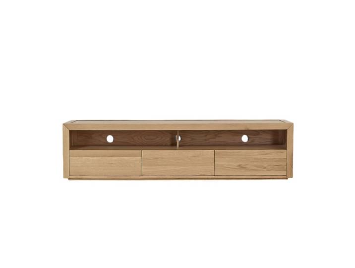Meuble tv contemporain en chêne, 3 tiroirs beige