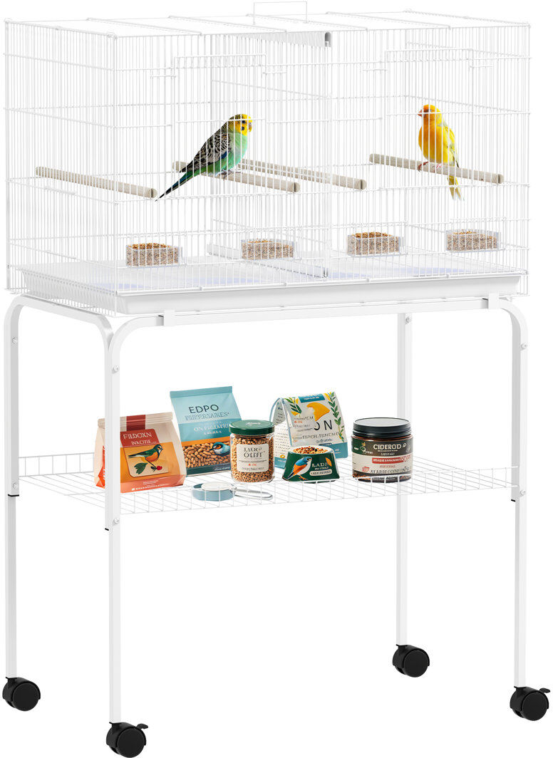 PawHut Bird Cage with Divider 4 Wooden Perches Slide Out Tray White 116cm H X 76cm W X 46cm D