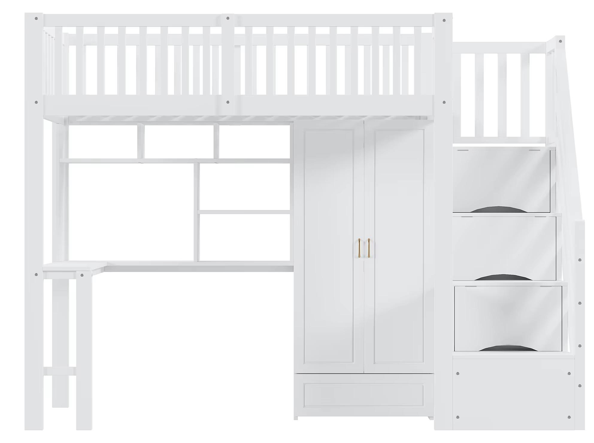 Multifunktionsbett - Etagenbett - 90 x 200 cm - Großer Kleiderschrank - Regal - Schreibtisch - Treppe mit Stauraum - Weiß