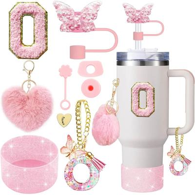 Inspire Select 9pcs Stanley Cup Accessories Set Silicone Boot, Butterfly Straw Cover, Spill Proof Stopper & Initial Charm Kit o Heart Pink 9pcs