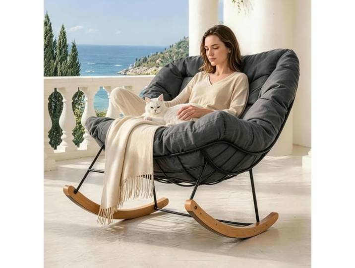 SANODESK Schaukelstuhl mit Kopfstütze & 159 kg Belastbarkeit für Wohnzimmer, Schlafzimmer, Leseecke, Balkon oder Garten, perfekt zum Entspannen, Lesen oder für ruhige Momente (Grau)