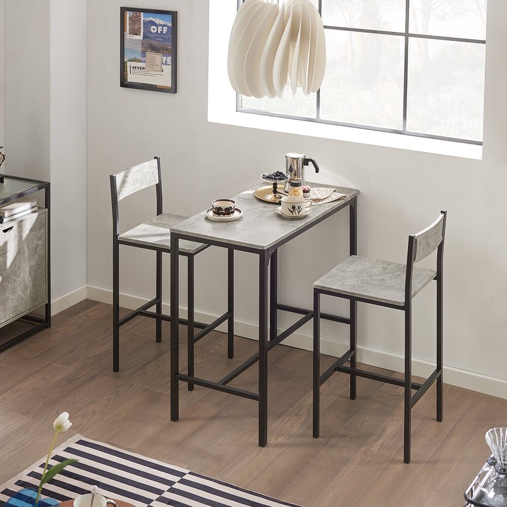 SoBuy Set de 1 table et 2 chaises de bar effet bois et métal noir Gris 89x87x45cm