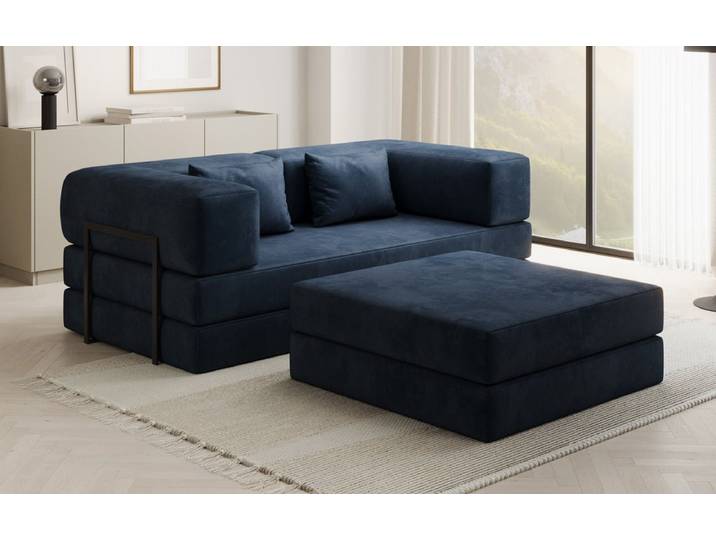 Lazy Spar-Set: 3-Sitzer + Hocker in Samt - Blau - Samt - Luxusbetten24