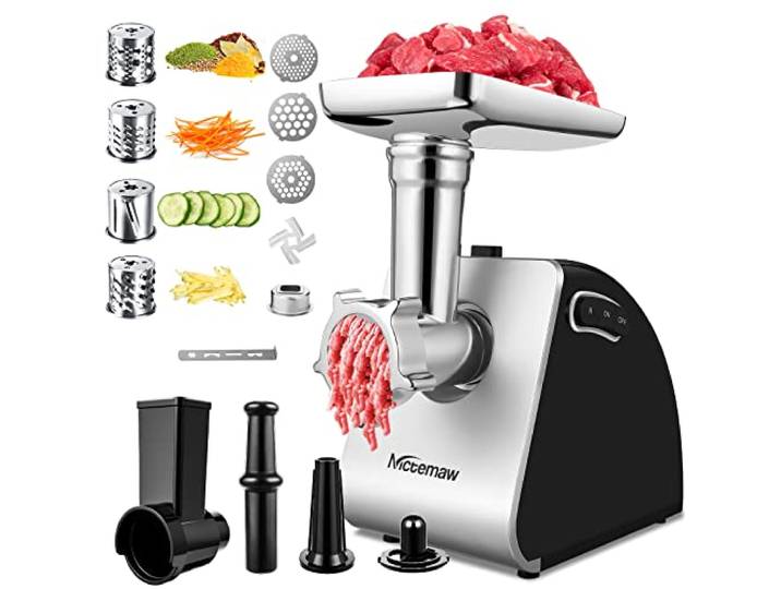 COOCHEER 5 in 1 Fleischwolf Elektrisch 2000W Reibe mit 4 Raspeln, Edelstahl Hackfleischmaschine mit Wurstaufsatz, 4 Raspeln, 3 Lochscheiben, Keksaufsatz & Kubbe-Kit für Fleisch, Gemüse, Käse & Gebäck