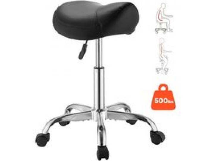 VEVOR Tabouret Selle de Cheval, Charge 226,8 kg, Tabouret de Travail à Roulettes Pivotant à 360°, Hauteur Réglable, Assise Ergonomique en Cuir PU, pour Bureau, Coiffeur, Spa, Bar, Massage, Salon, Noir