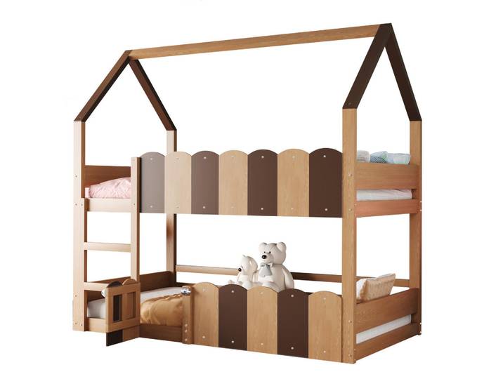 Wishdor Etagenbett 90/200 cm in Natur mit Hausdesign, Naturfarben, Holz, Rechteckig, 90x200 cm, Babymöbel & Kindermöbel, Kinderzimmer & Jugendzimmer, Stockbetten