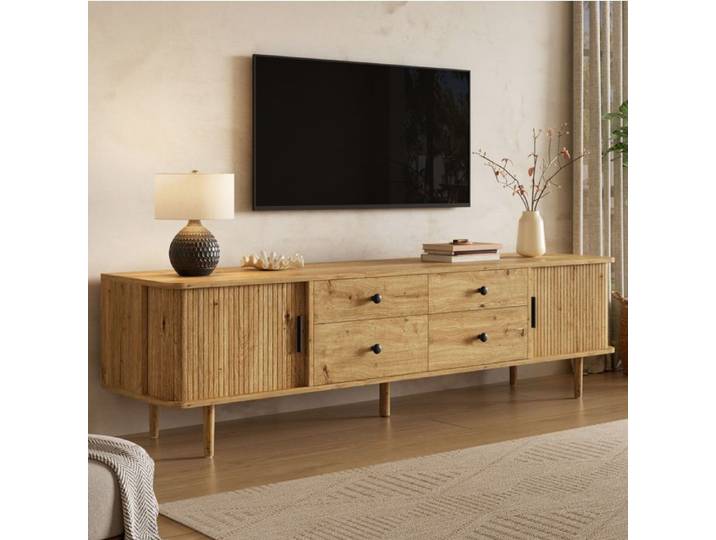 Meuble TV 165 cm -Bois naturel -meuble TV avec 4 tiroirs et 2 portes coulissantes angles arrondis Mid-Century Modern