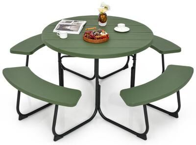 Costway 8-Person Outdoor Picnic Table and Bench Set with Umbrella Hole-Green