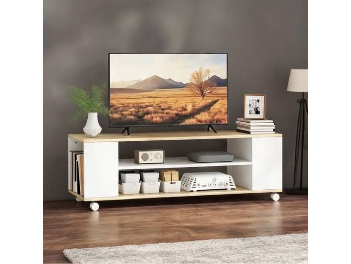 Meuble TV blanc et naturel 120 cm pour téléviseur jusqu'à 55 pouces style contemporain