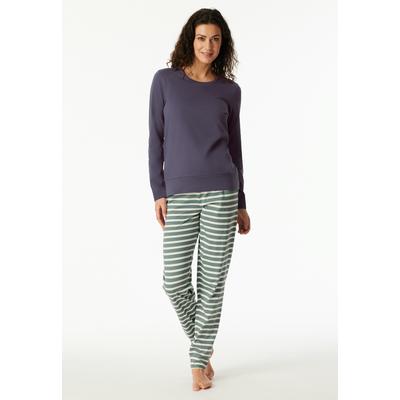 Schlafanzug SCHIESSER "Casual Essentials", Damen, Gr. 42, lila (indigo), Single Jersey, Obermaterial: 100% Baumwolle, bequem lang, Rundhals, angesetztes Bündchen, Homewear-Sets Schlafanzug, Baumwolle, Rundhalsausschnitt, langärmelig
