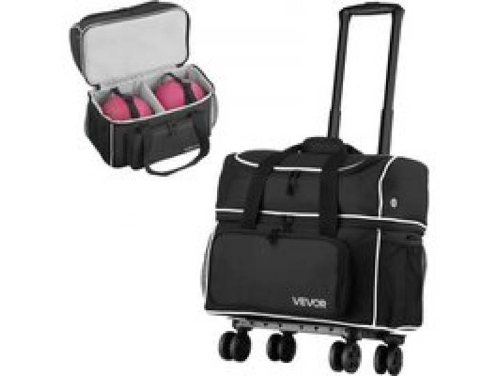 VEVOR Bowlingballtasche für 2 Bälle mit vier Rollen & separatem Fach für Schuhe (bis US-Größe 16) & übergroßer Zubehörtasche, einziehbarer Griff lässt sich auf 95 cm ausziehen Schwarz