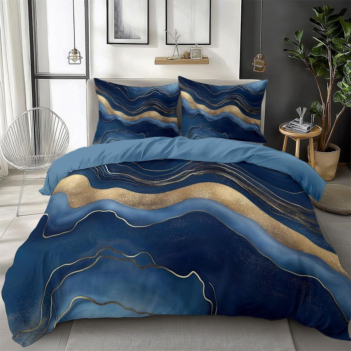 Dekbedovertrek Set Scandinavische Stijl Blauw Goud - 220 x 240 cm