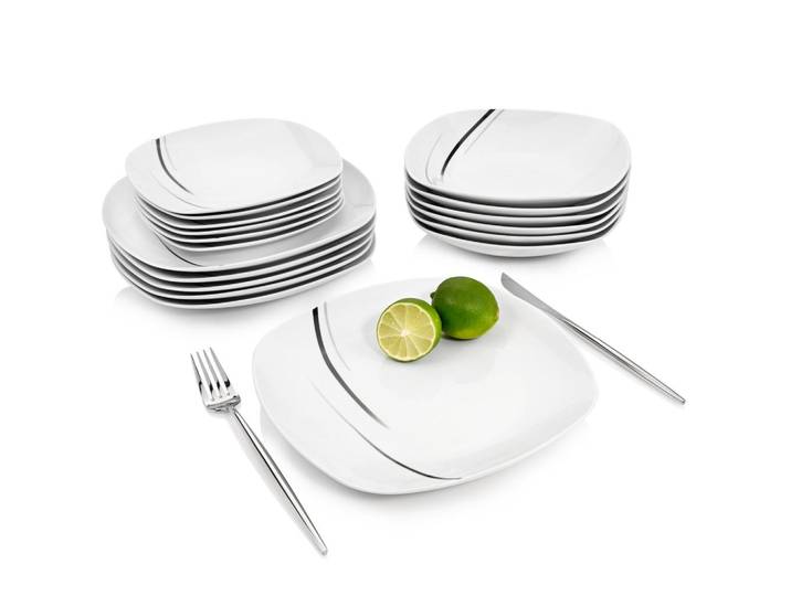 Sänger Tafelservice Bilgola Black Lines - 18 teilig aus Porzellan, Weiß, Keramik, 18-teilig, 29.5x29.5x30.5 cm, kratzfest, Geschirr, Geschirrsets, Tafelservice