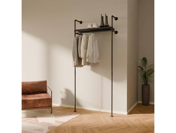 pamo Kleiderstange Industrial Design mit Metallboden – HEDDA - Regal für begehbaren Kleiderschrank Wand I Kleiderständer aus schwarzen stabilen Rohren zur Wandmontage aus Wasserrohren