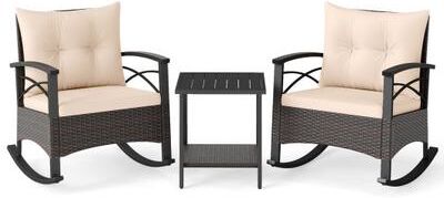 Costway 3 Piece Rocking Bistro Set PE Rattan Rocker Chairs with Acacia Wood Top Table-Beige