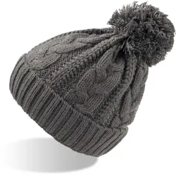 Atlantis Damen Strickmütze mit Zopfmuster Bommel-Mütze VOGU dark grey one size
