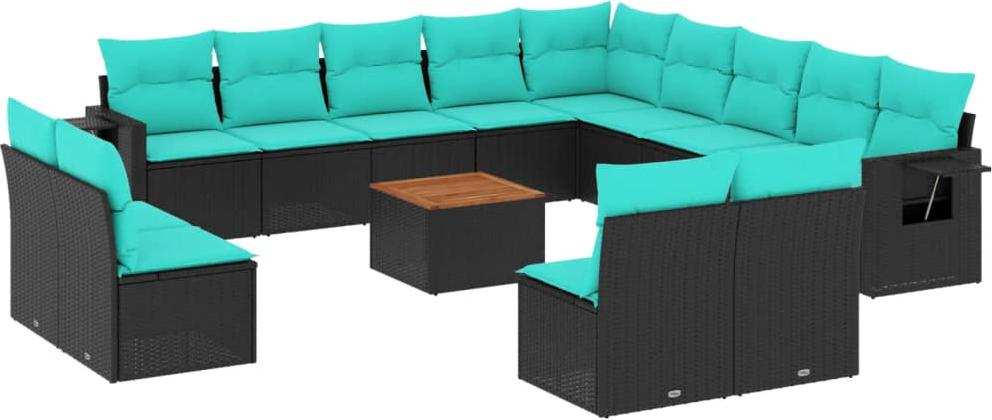 14-teiliges Gartensofa-Set mit Kissen, schwarzes Polyrattan