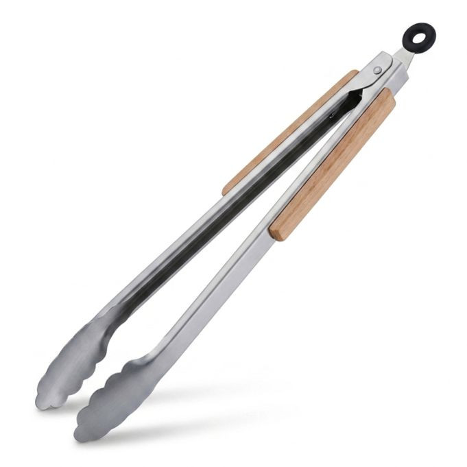 Relaxdays 10x Barbecuetang van roestvrij staal met houten handgreep, Zilver/Natuur, Lengte: 38 cm
