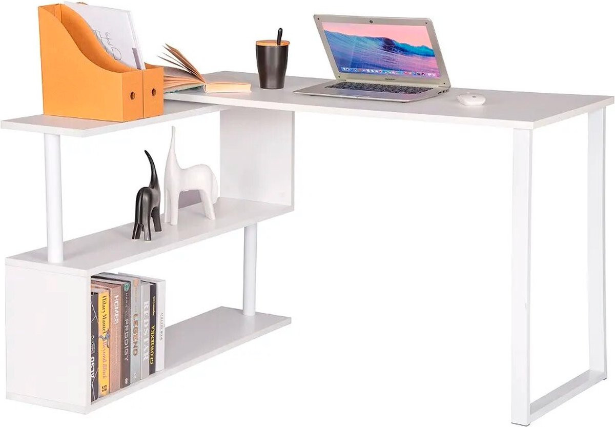 BukkitBow Hoekbureau met Dubbele Planken en 180 Graden Draaibaar Werkblad - Wit