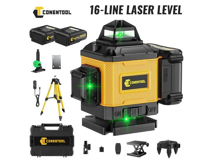 CONENTOOL Niveau Laser - 16 Lignes - 2 Piles * 2400 mAh - Accessoires Multifonctions - Avec Trépied 1 m - LL01