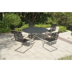 OUTFLEXX Garten-Essgruppe, silber/schwarz, Edelstahl/Glaskeramik/Rope/Teak, Tisch Ø150cm, 5 Freischwinger