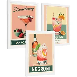 POSTER 3er Set Cocktail-Wandbilder Daiquiri Tequila Sunrise und Negroni Vintage Küche Bar Deko Weißer Rahmen A3