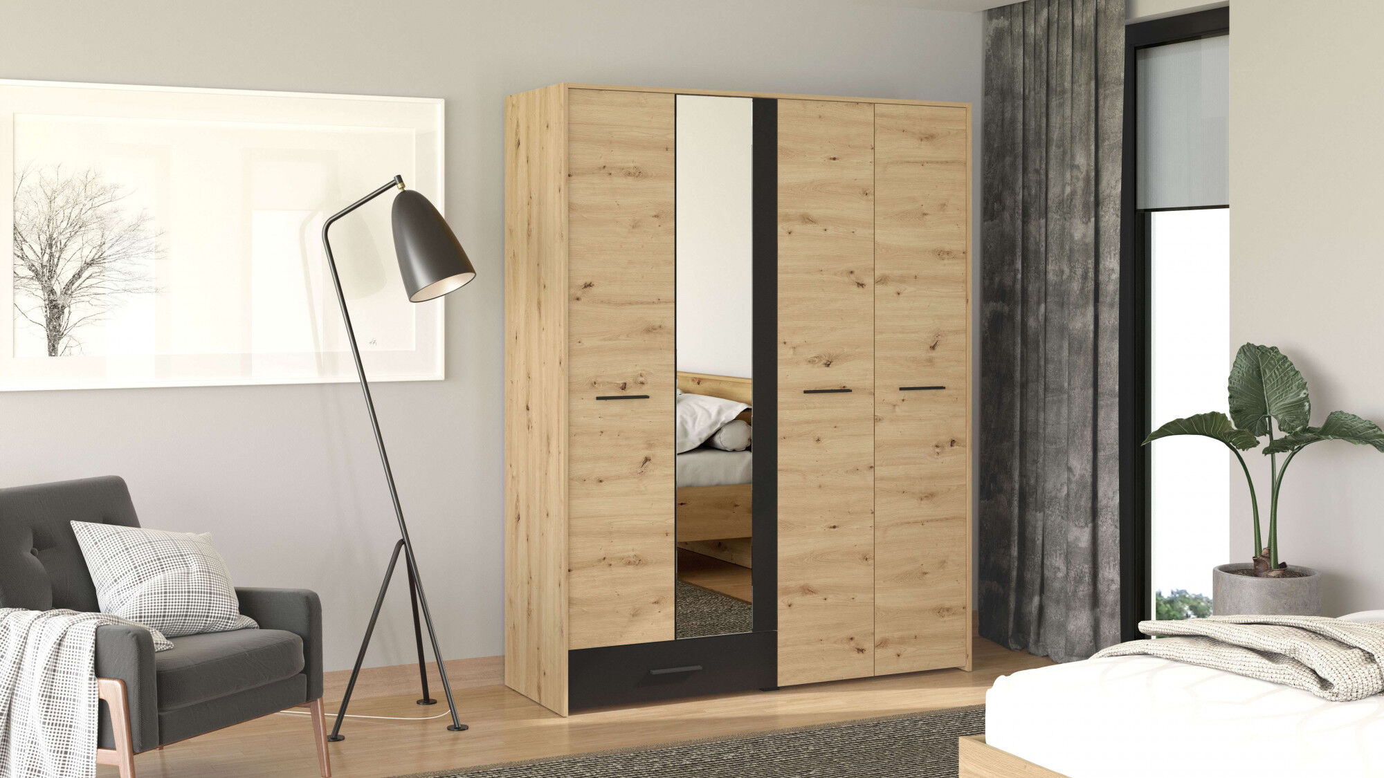 Kleiderschrank HOME AFFAIRE "Varadero, MIT umfangreicher Innenausstattung, FSC-zertifiziert", braun (artisan eiche), B:157,5cm H:203,5cm T:53cm, Holzwerkstoff, Schränke, Kleiderschrank, Drehtürenschrank mit Spiegel und 1 Schublade, 119 oder 157,5cm breit 