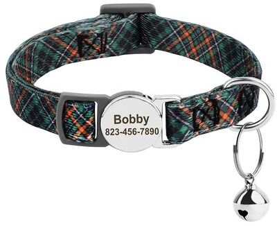 Inspired Finds Personalized Adjustable Cat Collar With Engraved ID Nameplate & Safety Bell forest Plaid Collar