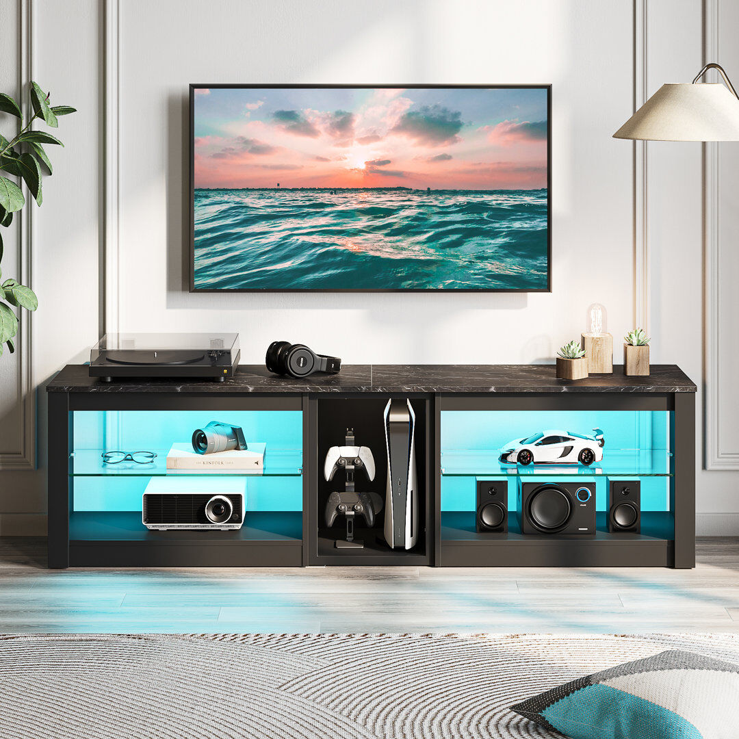 Blue Elephant TV Stand for TVs up to 70 inch, Gaming Entertainment Center for PS5, LED TV Cabinet with Glass Shelves Black Marble 70"