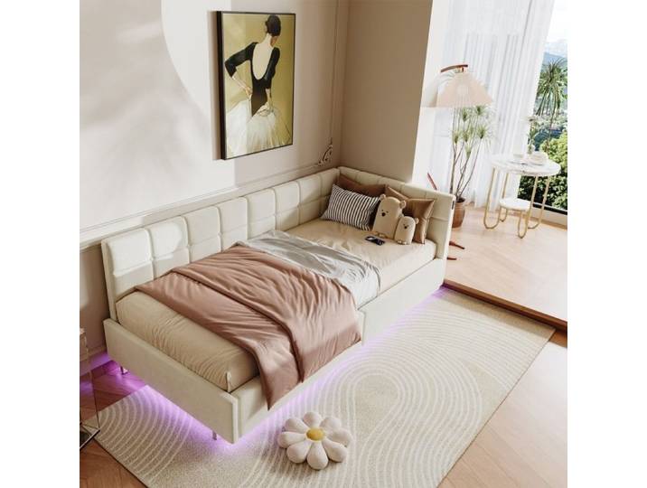 Lit Coffre d'Angle 90x200cm - Lit Banquette avec Rangement Éclairage LED et Port USB - Canapé-lit Rembourré