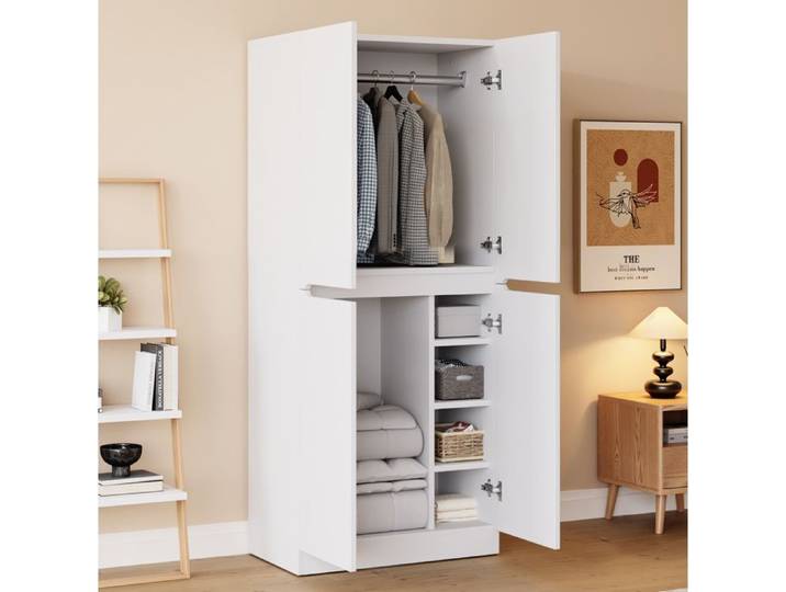 MEULVA Armoire chambre 70 x 40 x 170 cm double porte blanc et couleur bois rangement suspendu