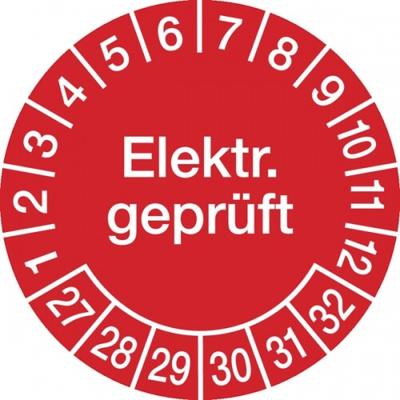 König Werbeanlagen Prüfplakette ab 27, Elektr. geprüft ab 27, rot/weiß, Ø 20/30 mm - Bogen = 10 Plaketten - 20 mm Folie selbstklebend