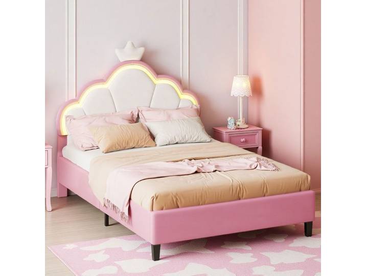 Lit fille 140x200 cm Lit Enfant Fille 140x200 cm avec LED lit enfant avec sommier lit double rembourré velours lit princesse Rose